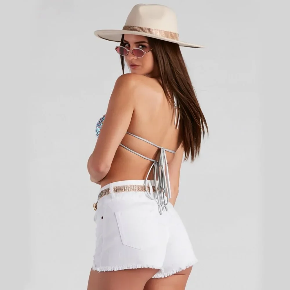 Windsor ✦ Major Glow Silver Embellished Halter Bra Top Gemstone Padded Tie‑Back - Picture 8 of 14